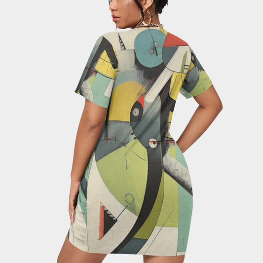 All-Over Print Women’s Stacked Hem Dress With Short Sleeve（Plus Size）