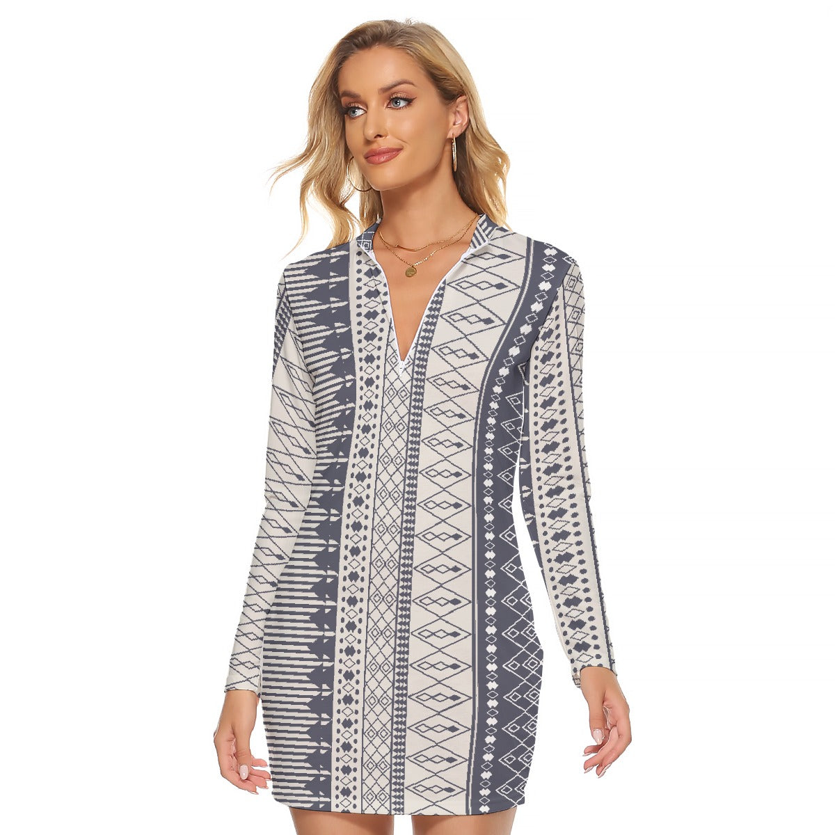 All-Over Print Women's Zip Front Tight Dress