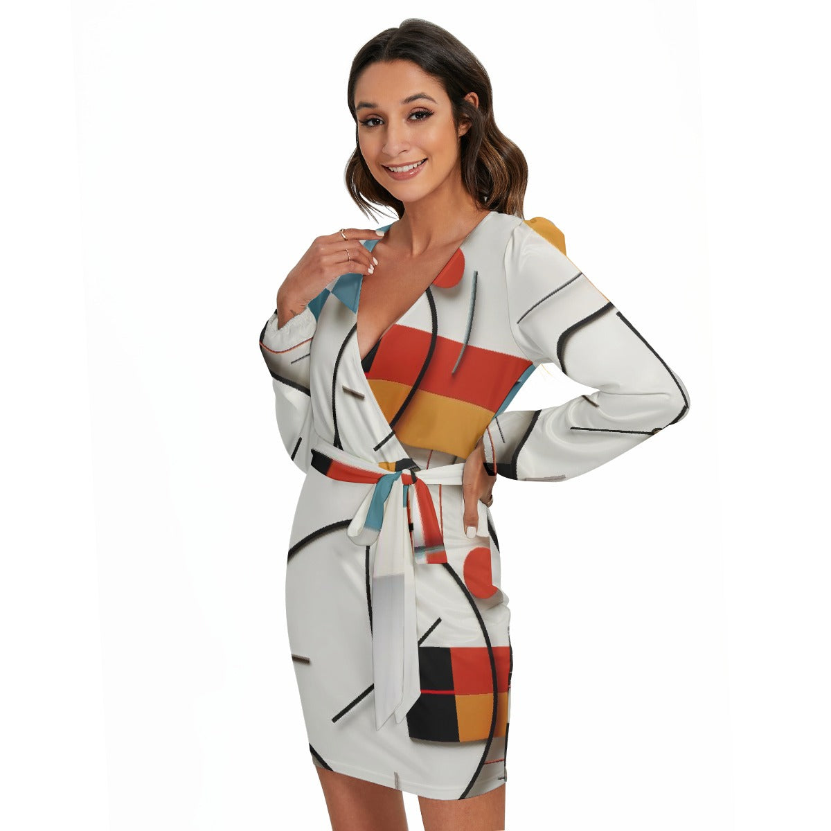 All-Over Print Women's Long Sleeve Dress With Waist Belt