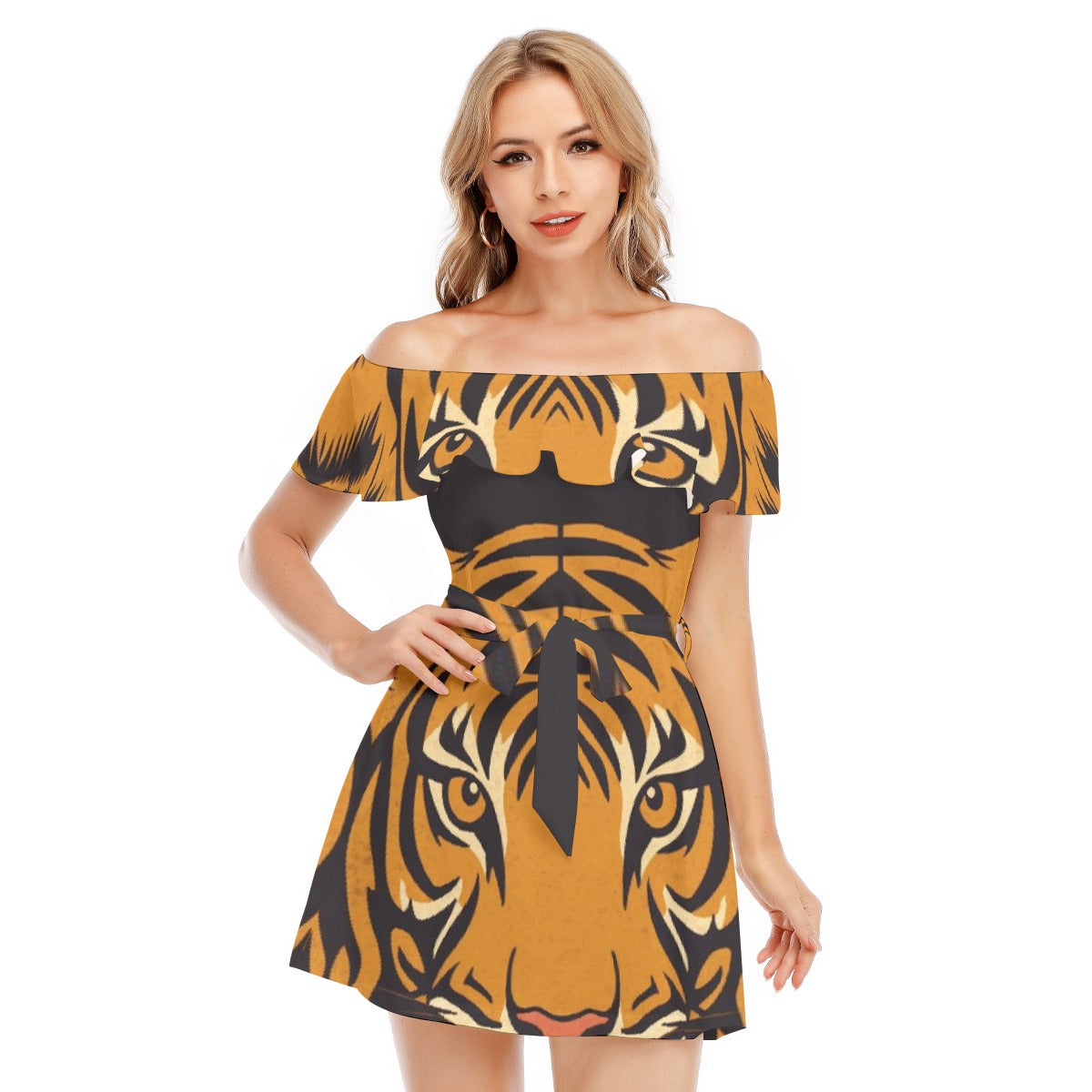 All-Over Print Women's Off-shoulder Dress With Ruffle