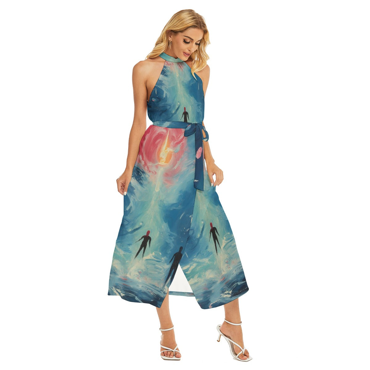 All-Over Print Women's Wrap Hem Belted Halter Dress