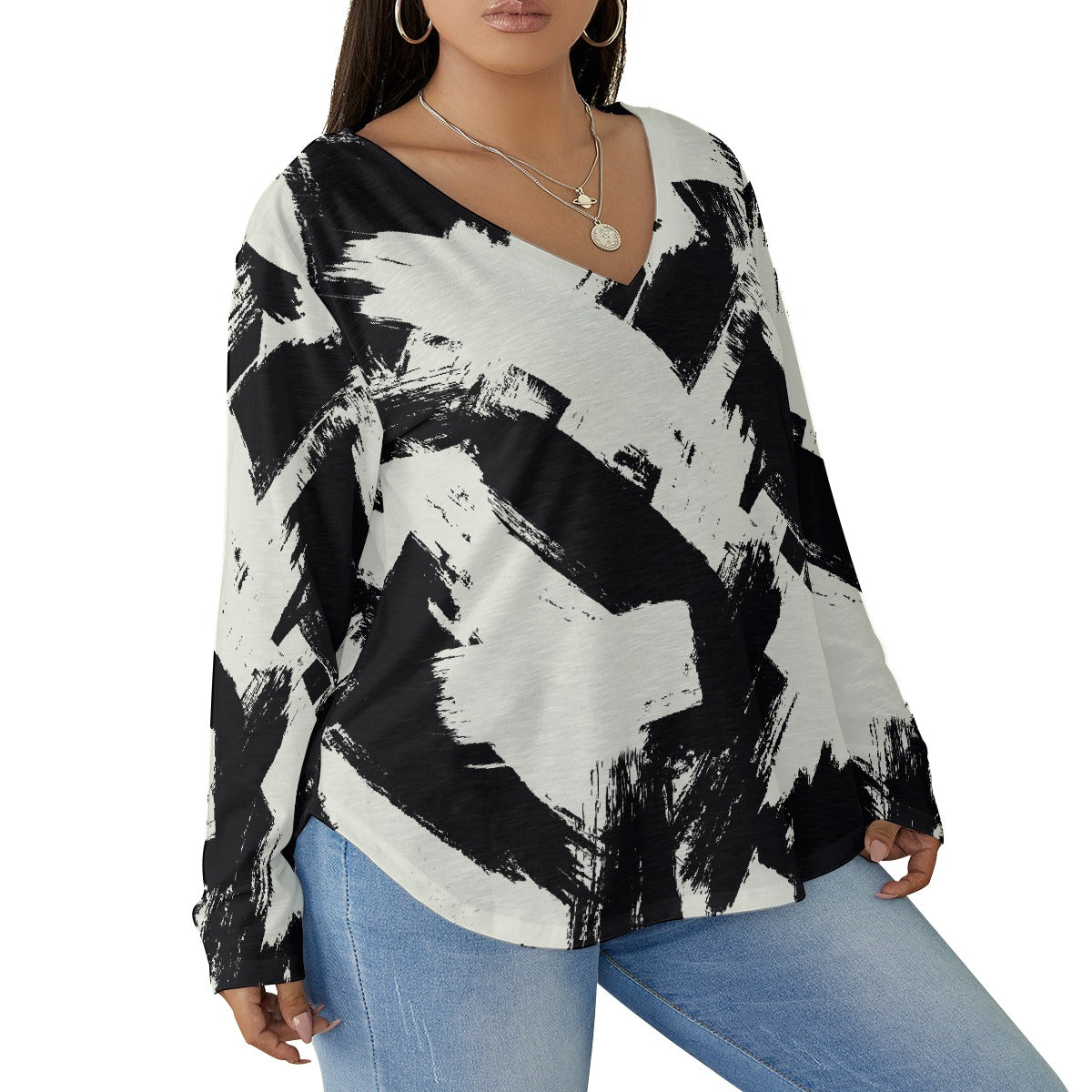 All-Over Print Women's V-neck T-shirt With Curved Hem(Plus Size)