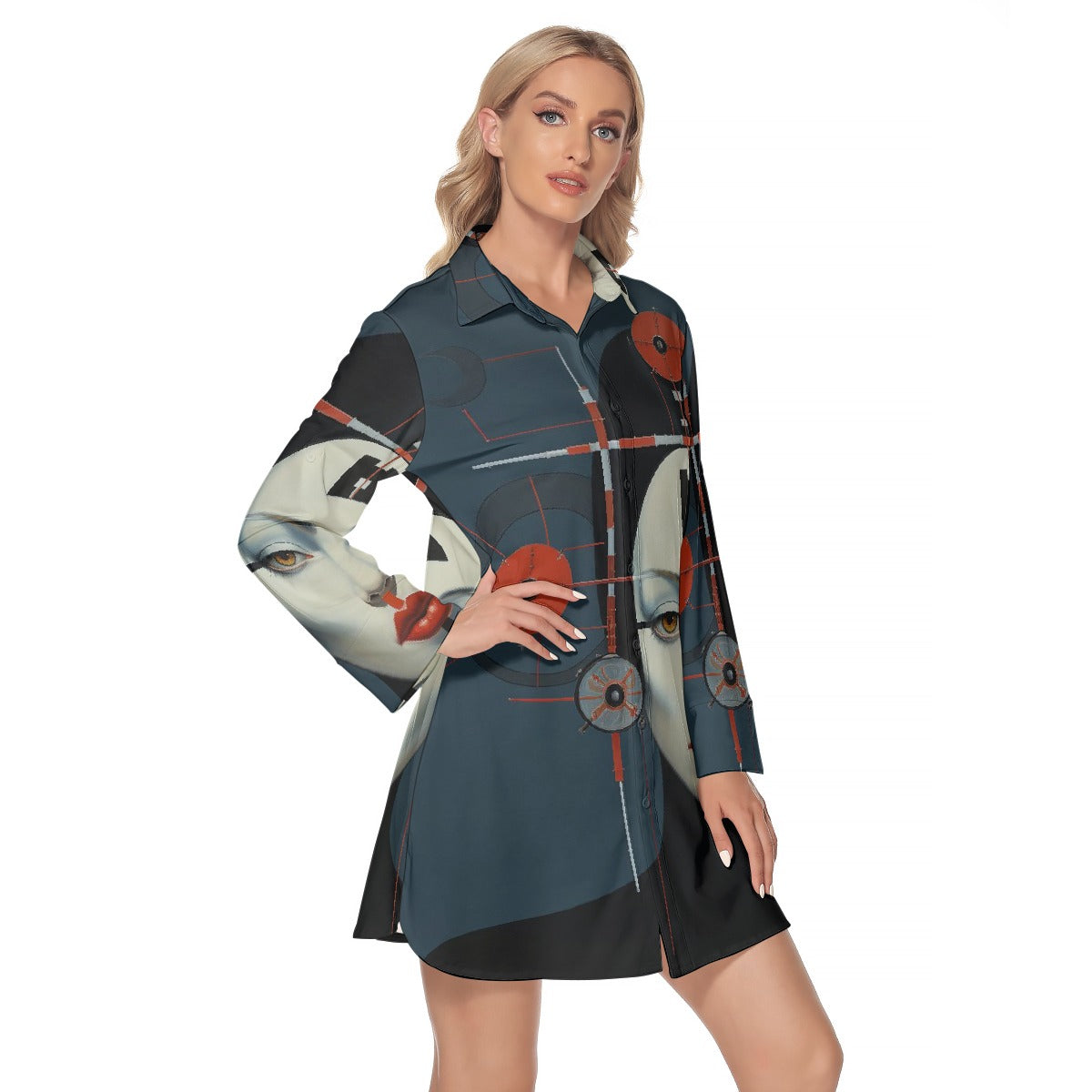 All-Over Print Women's Lapel Shirt Dress With Long Sleeve