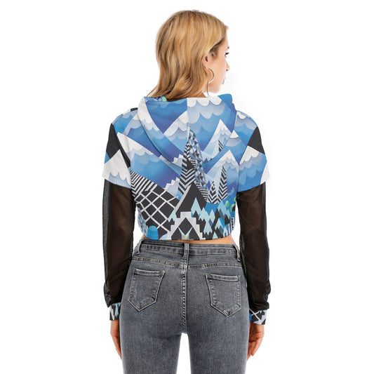 All-Over Print Women's Fake Two-piece Mesh Sleeve Cropped Hoodie