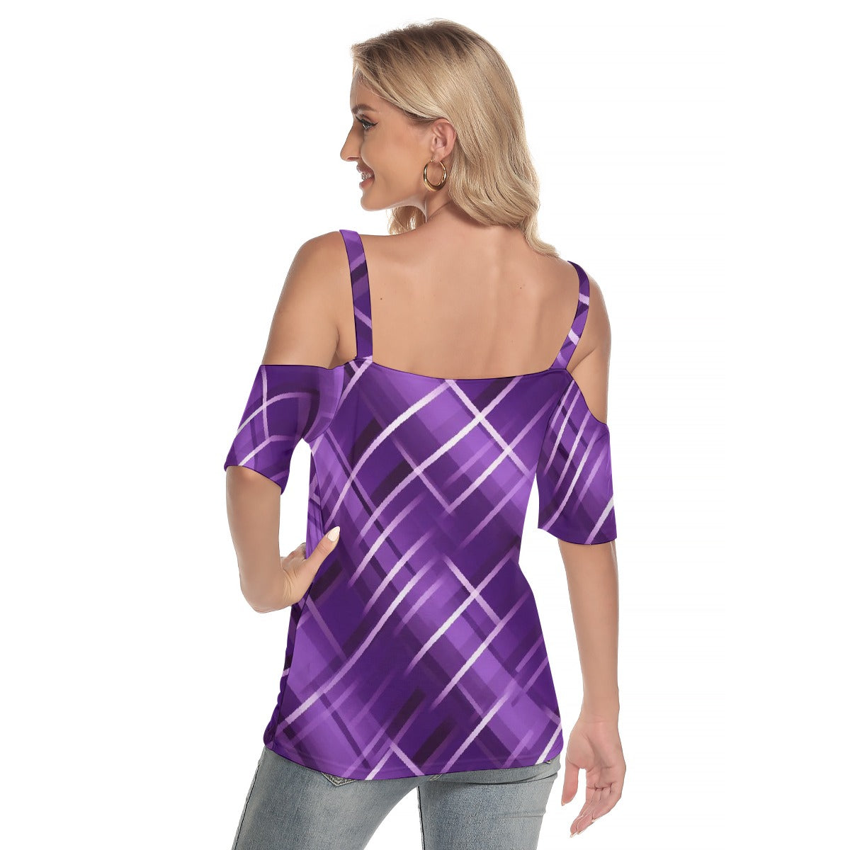 All-Over Print Women's Cold Shoulder T-shirt With Criss Cross Strips