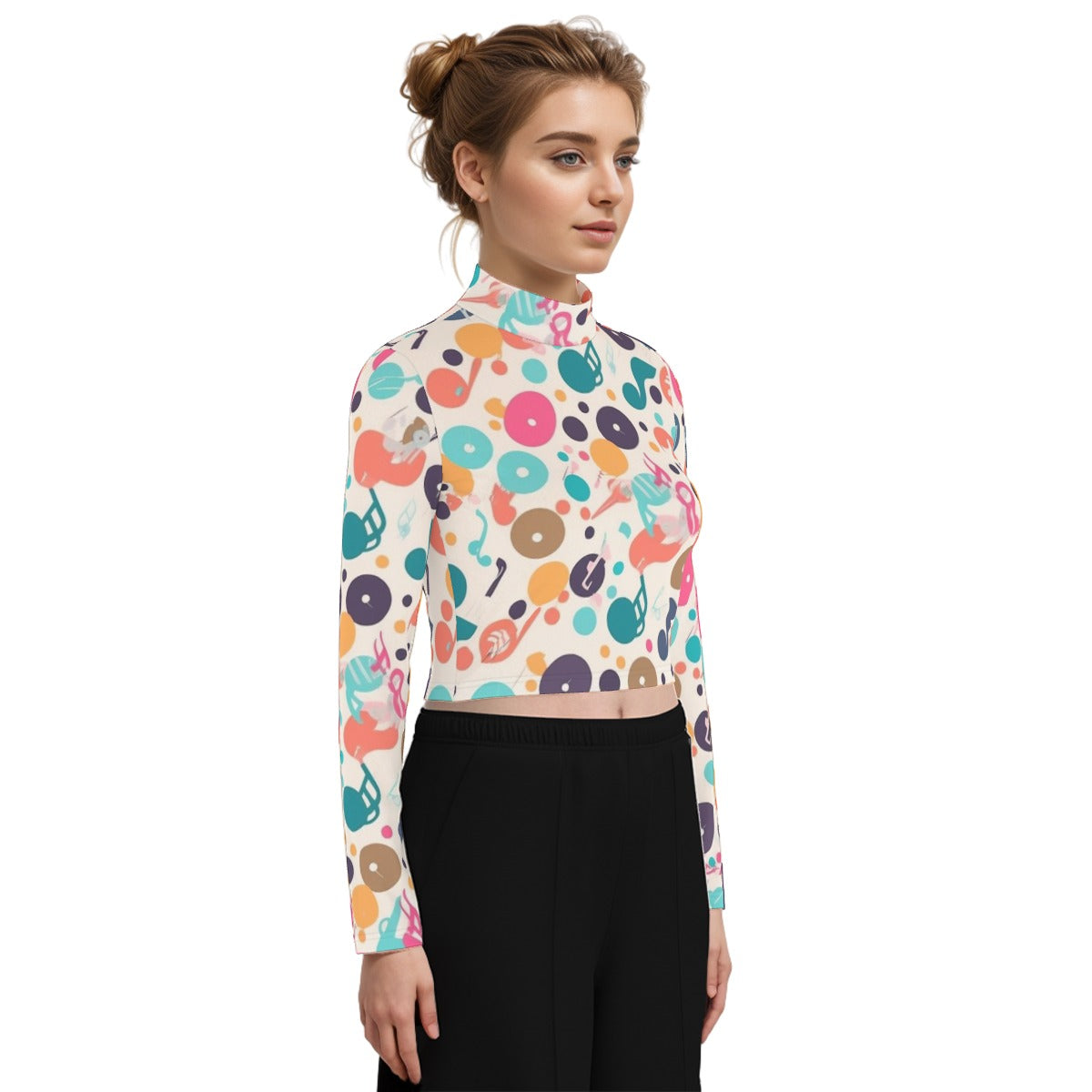 Eco-Friendly All-Over Print Women's Turtleneck T-shirt With Long Sleeve