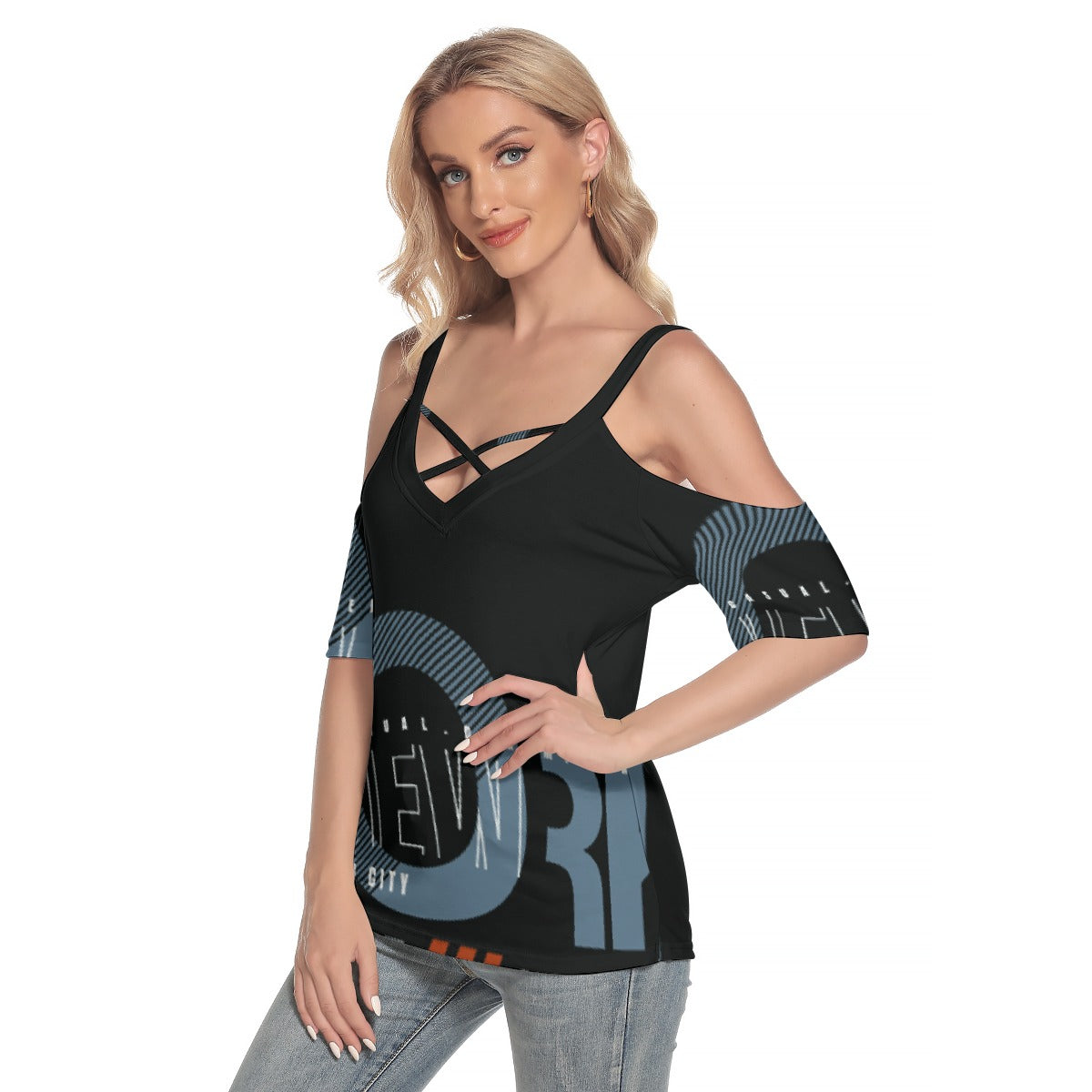 All-Over Print Women's Cold Shoulder T-shirt With Criss Cross Strips