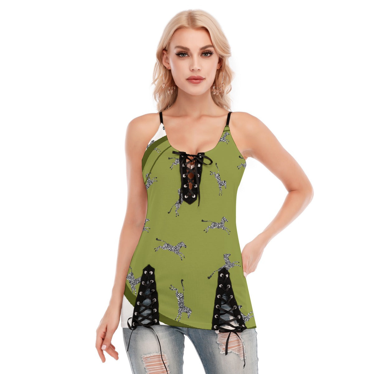 All-Over Print Women's V-neck Eyelet Lace-up Cami Dress