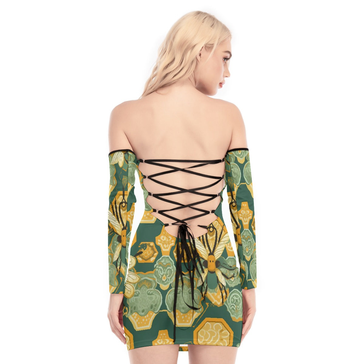 All-Over Print Women's Off-shoulder Back Lace-up Dress