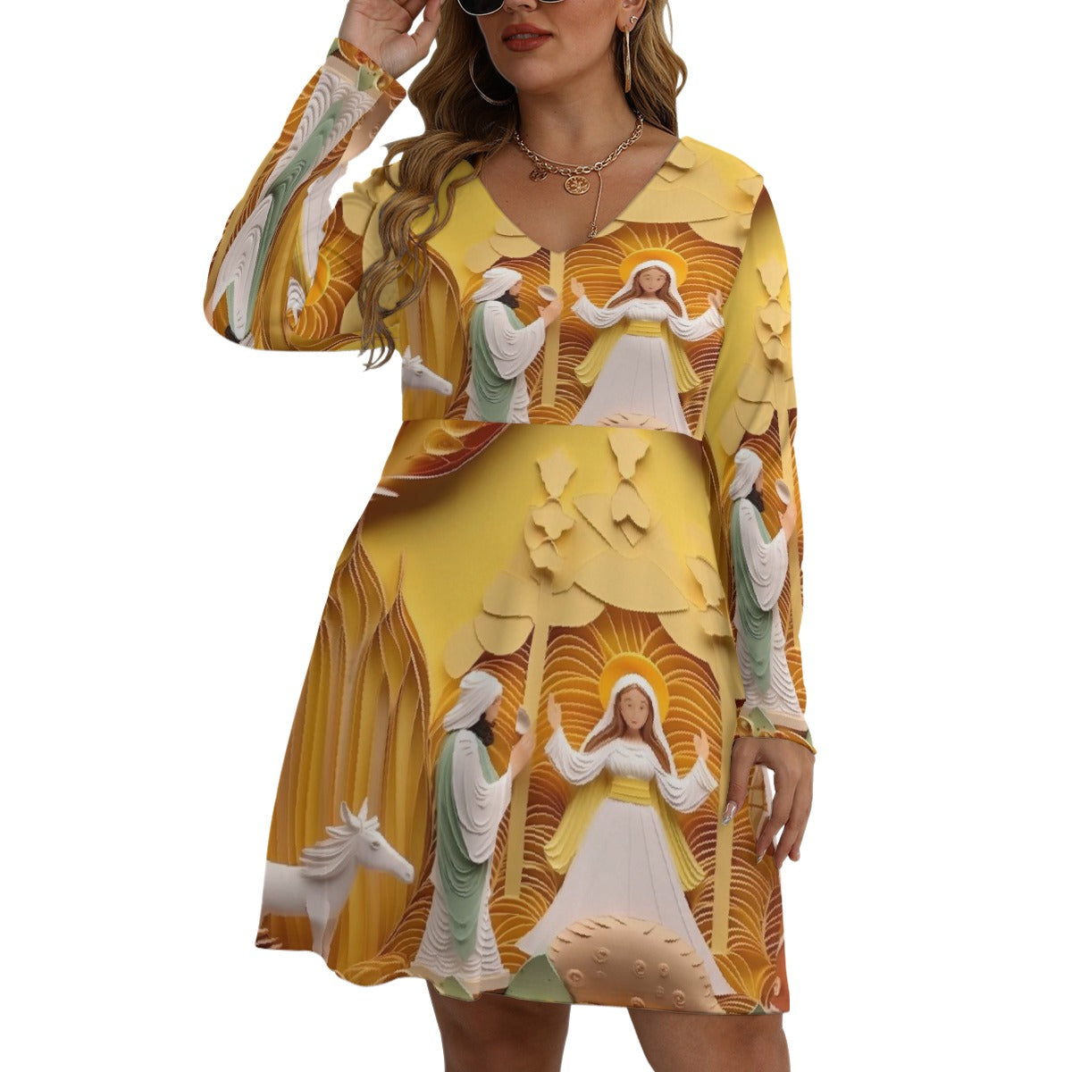 All-Over Print Women's V-neck Long Sleeve Dress(Plus Size)