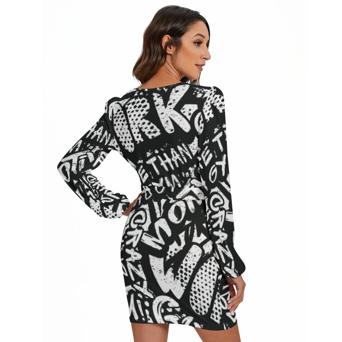 All-Over Print Women's Long Sleeve Dress With Waist Belt