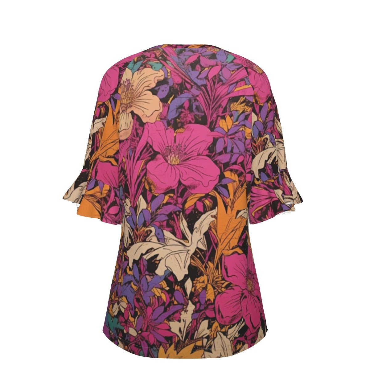 All-Over Print V-neck Women's T-shirt With Bell Sleeve