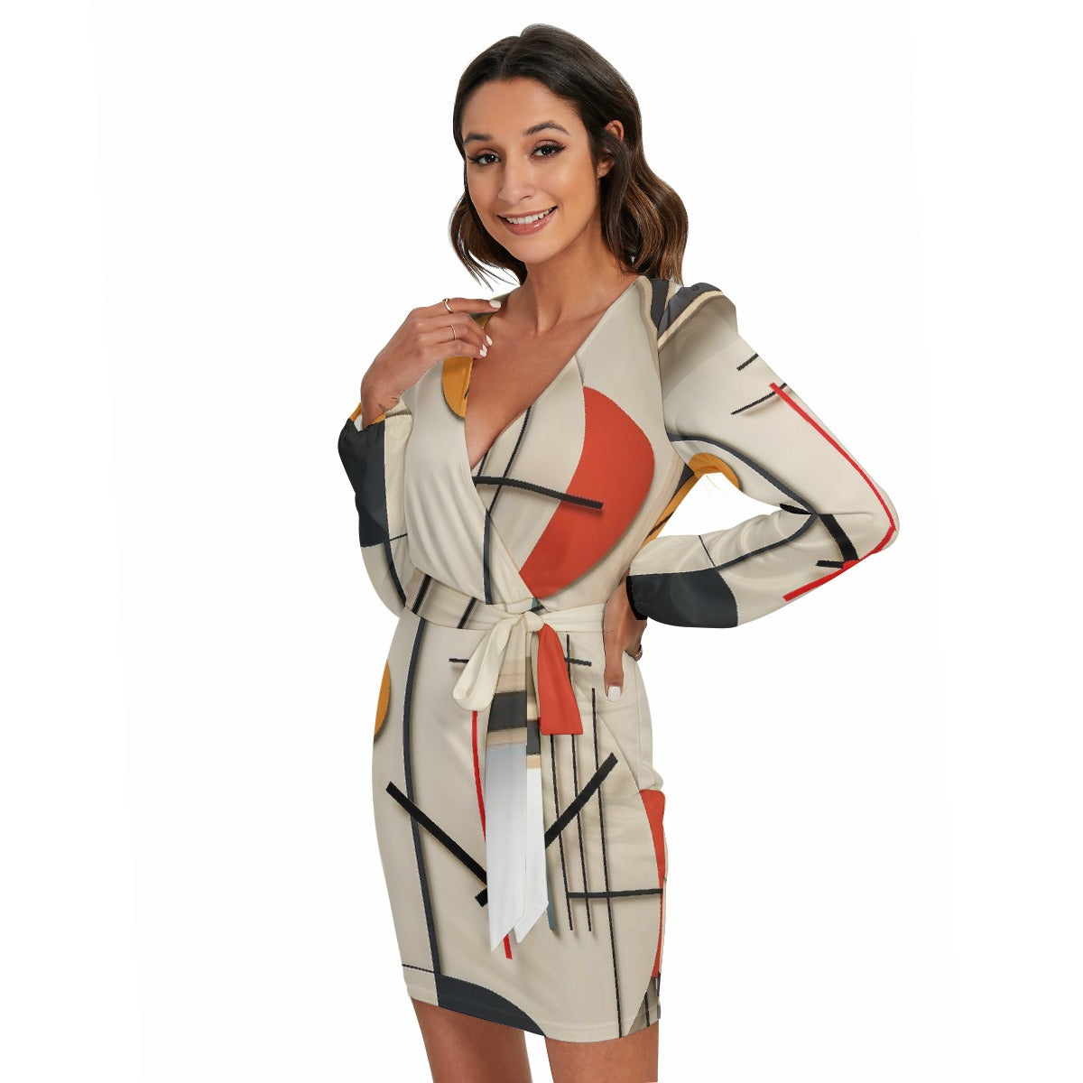 All-Over Print Women's Long Sleeve Dress With Waist Belt