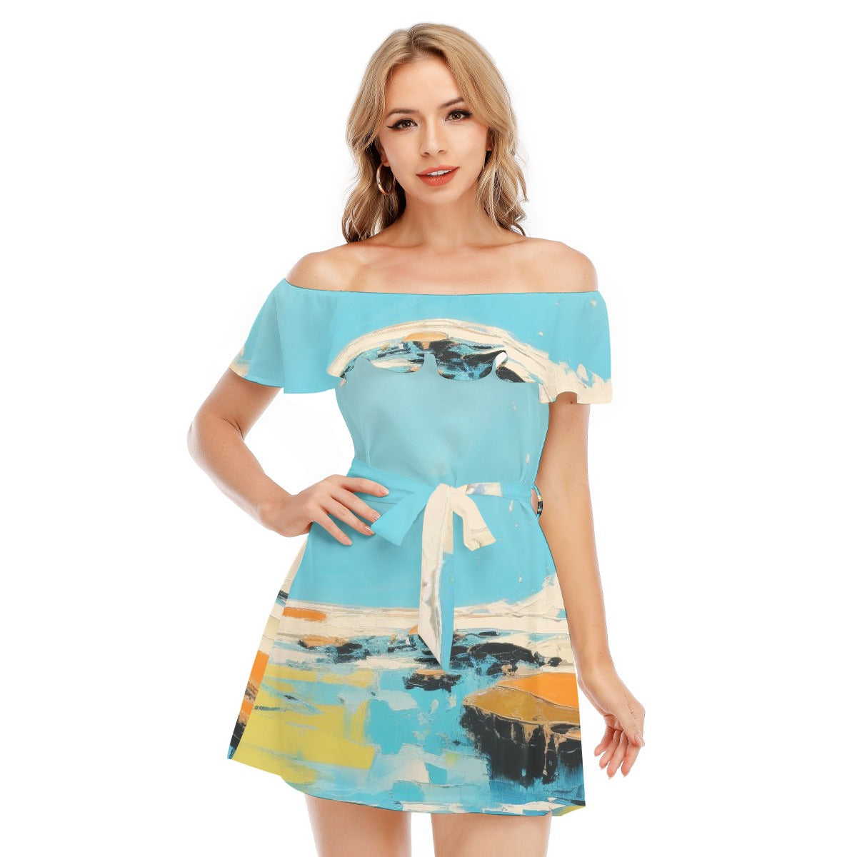 All-Over Print Women's Off-shoulder Dress With Ruffle