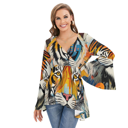 All-Over Print Women's V-neck Blouse With Flared Sleeves