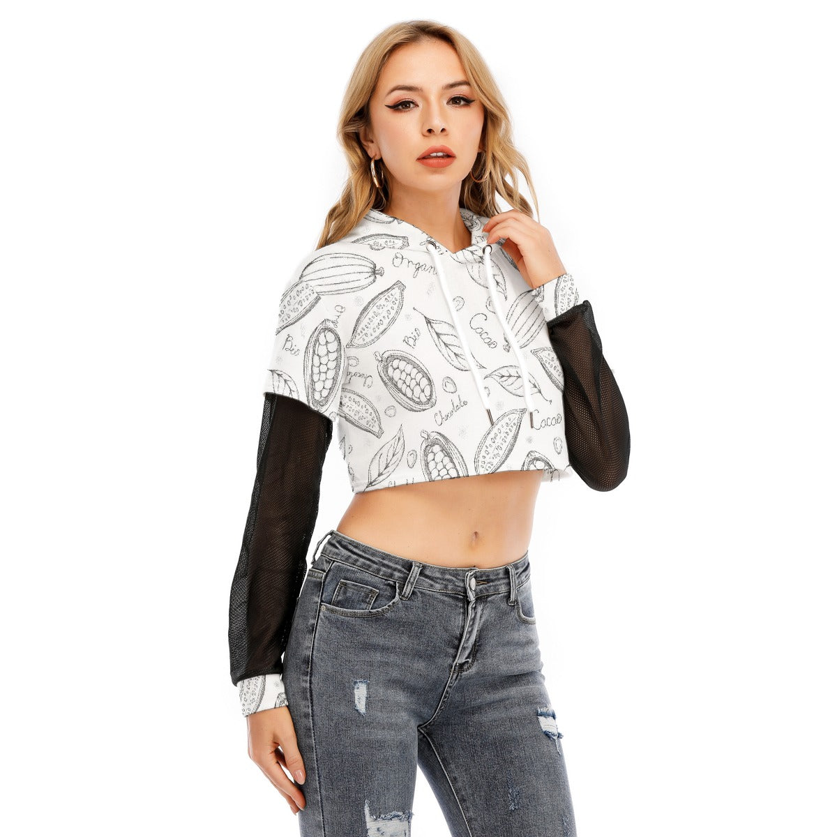 All-Over Print Women's Fake Two-piece Mesh Sleeve Cropped Hoodie