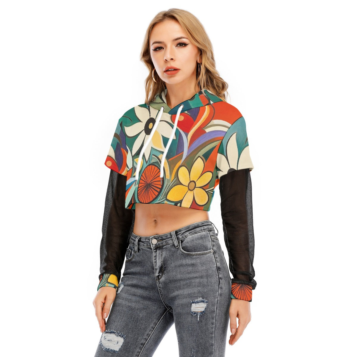 All-Over Print Women's Fake Two-piece Mesh Sleeve Cropped Hoodie