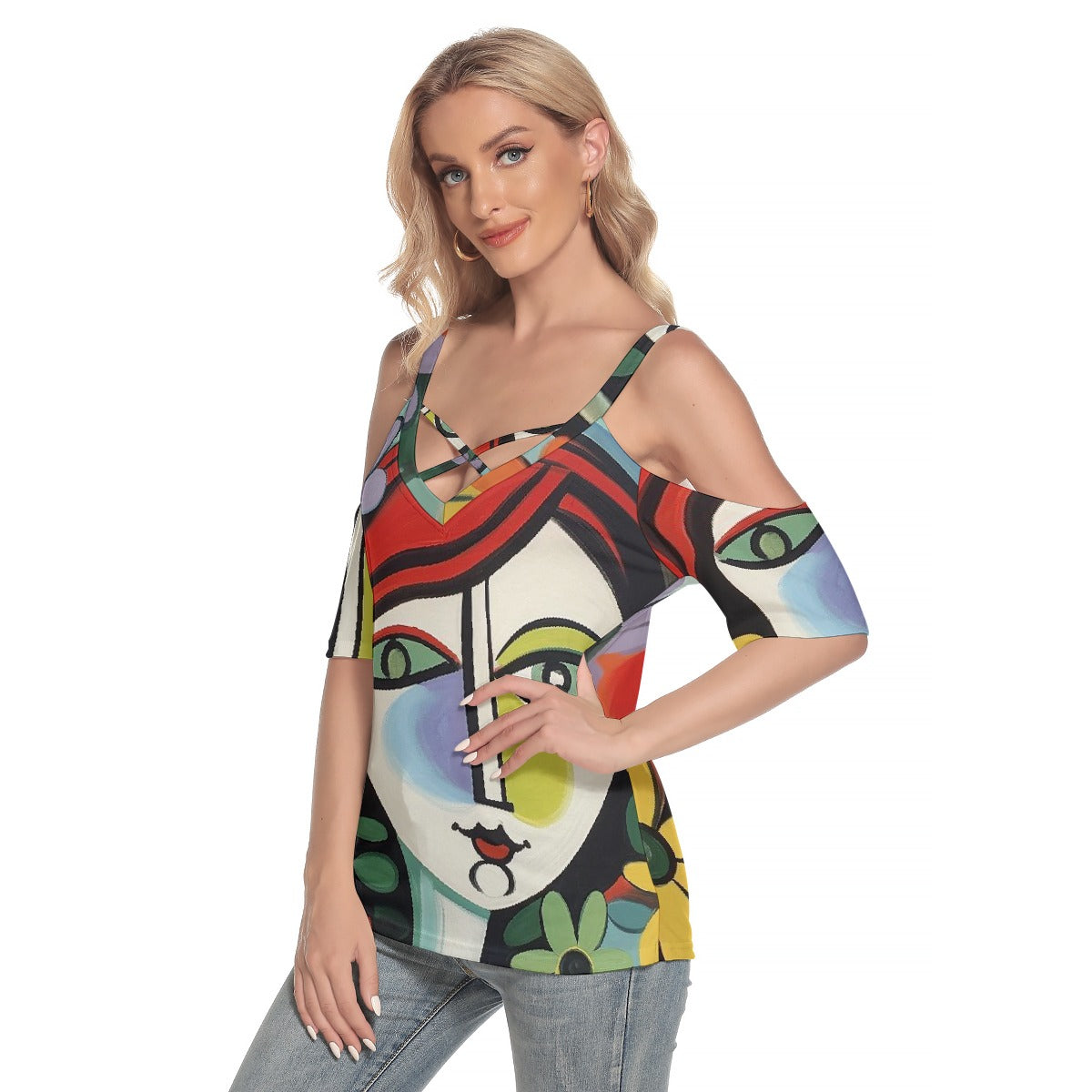 All-Over Print Women's Cold Shoulder T-shirt With Criss Cross Strips