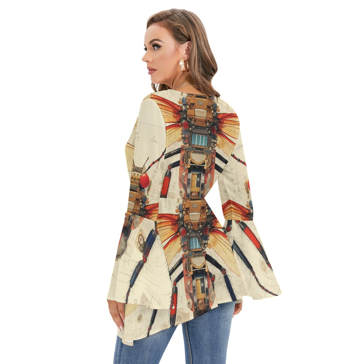 All-Over Print Women's V-neck Blouse With Flared Sleeves