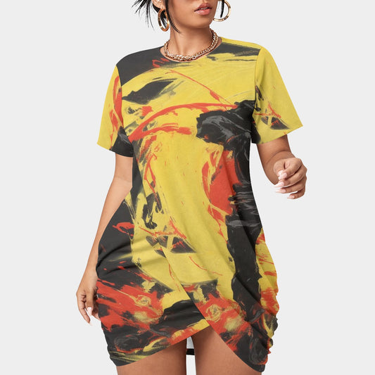 All-Over Print Women’s Stacked Hem Dress With Short Sleeve（Plus Size）