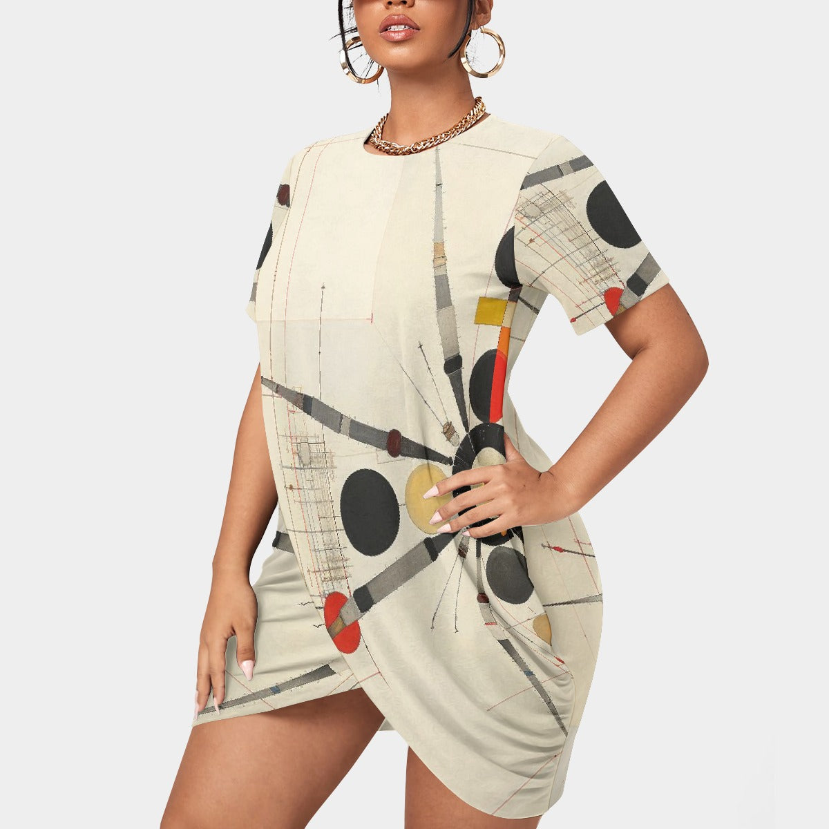 All-Over Print Women’s Stacked Hem Dress With Short Sleeve（Plus Size）