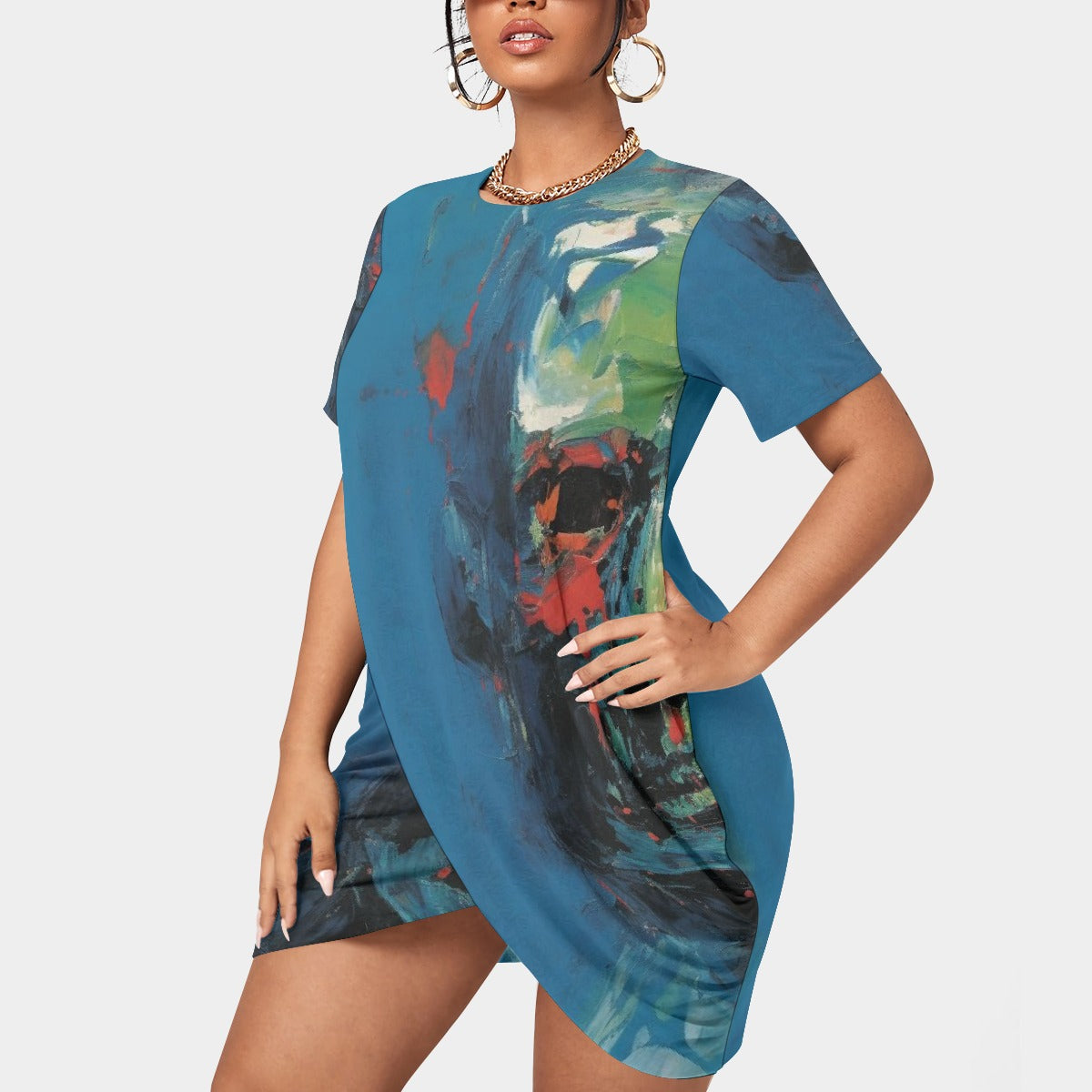 All-Over Print Women’s Stacked Hem Dress With Short Sleeve（Plus Size）