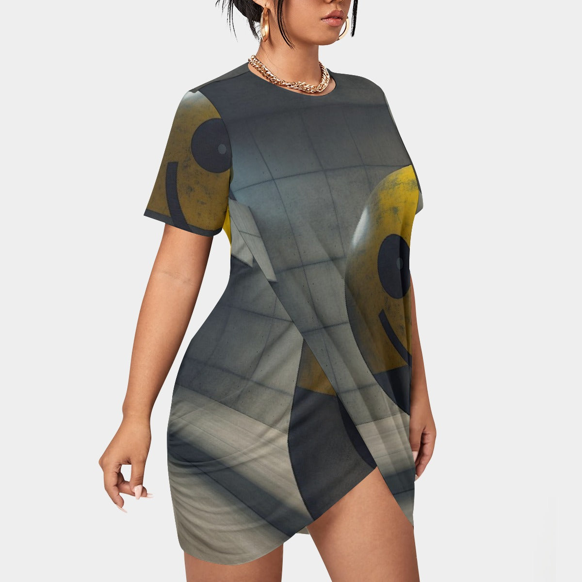 All-Over Print Women’s Stacked Hem Dress With Short Sleeve（Plus Size）