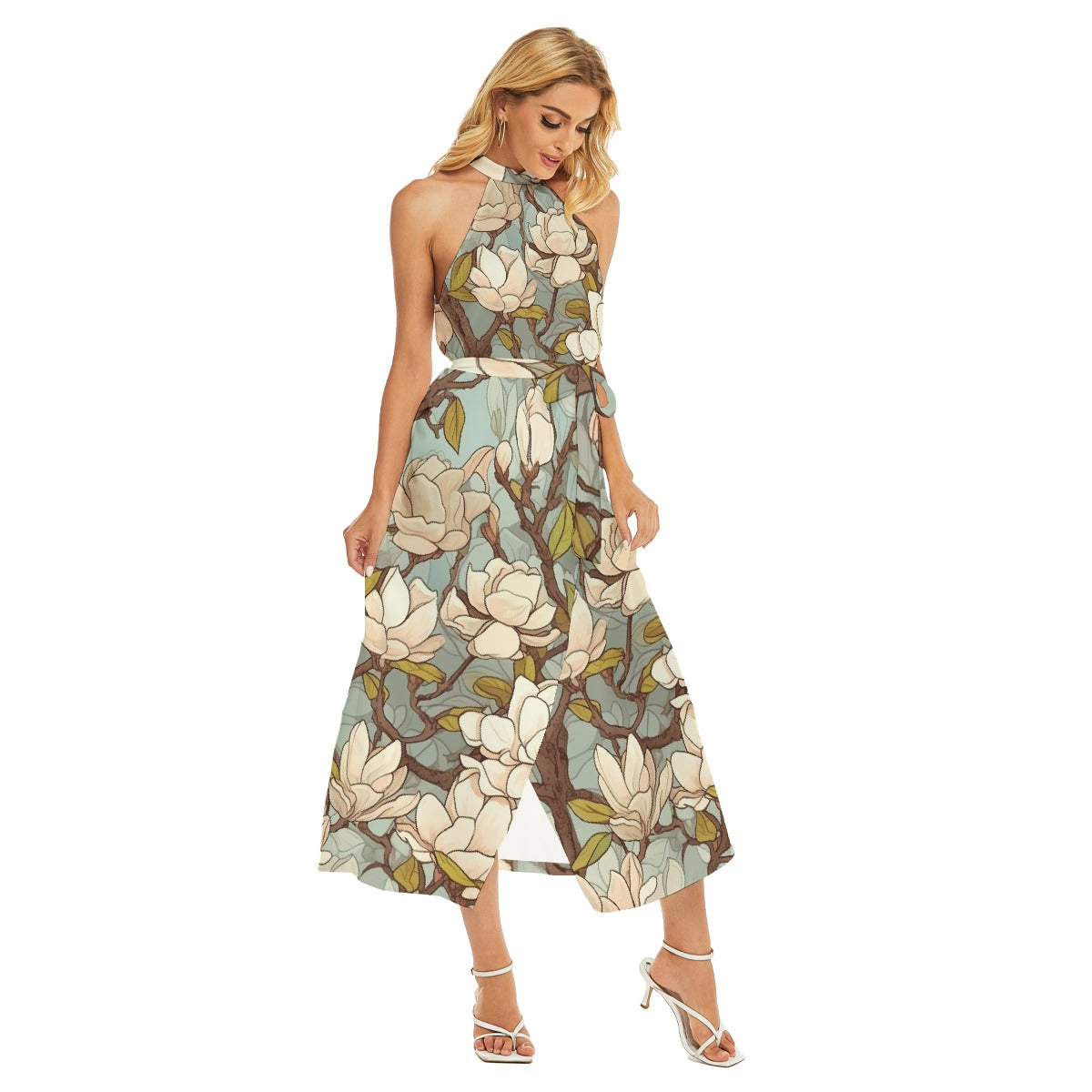 All-Over Print Women's Wrap Hem Belted Halter Dress