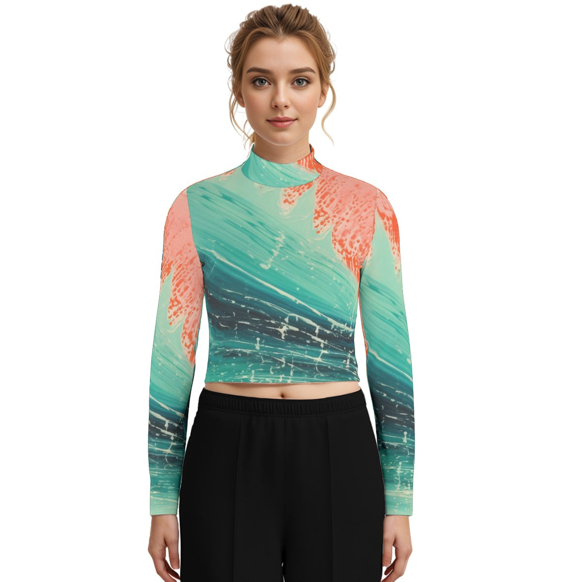 Eco-Friendly All-Over Print Women's Turtleneck T-shirt With Long Sleeve