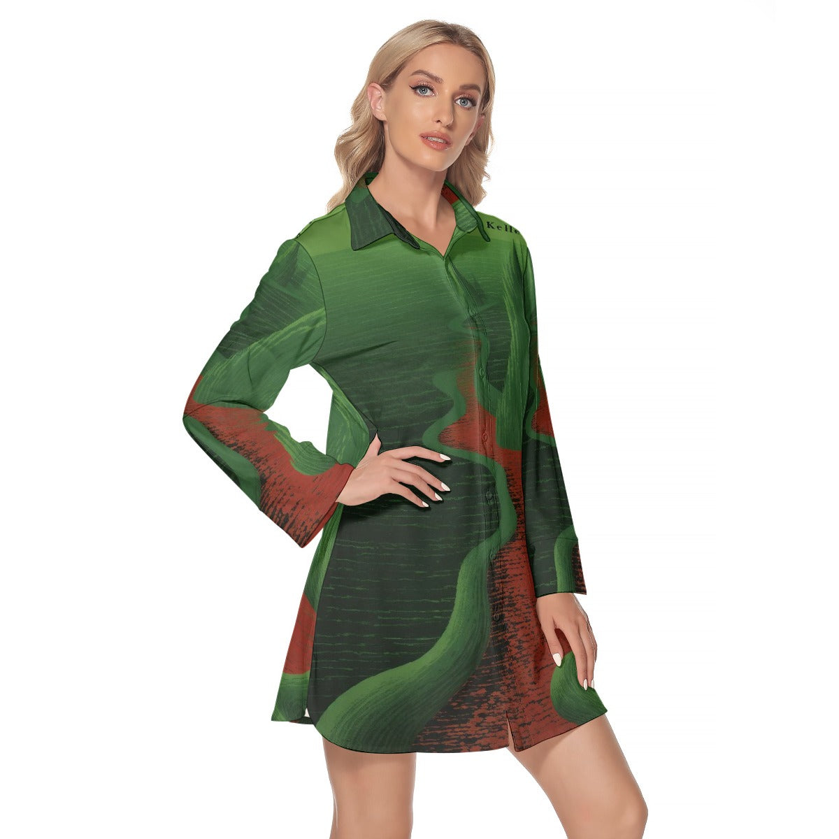 All-Over Print Women's Lapel Shirt Dress With Long Sleeve