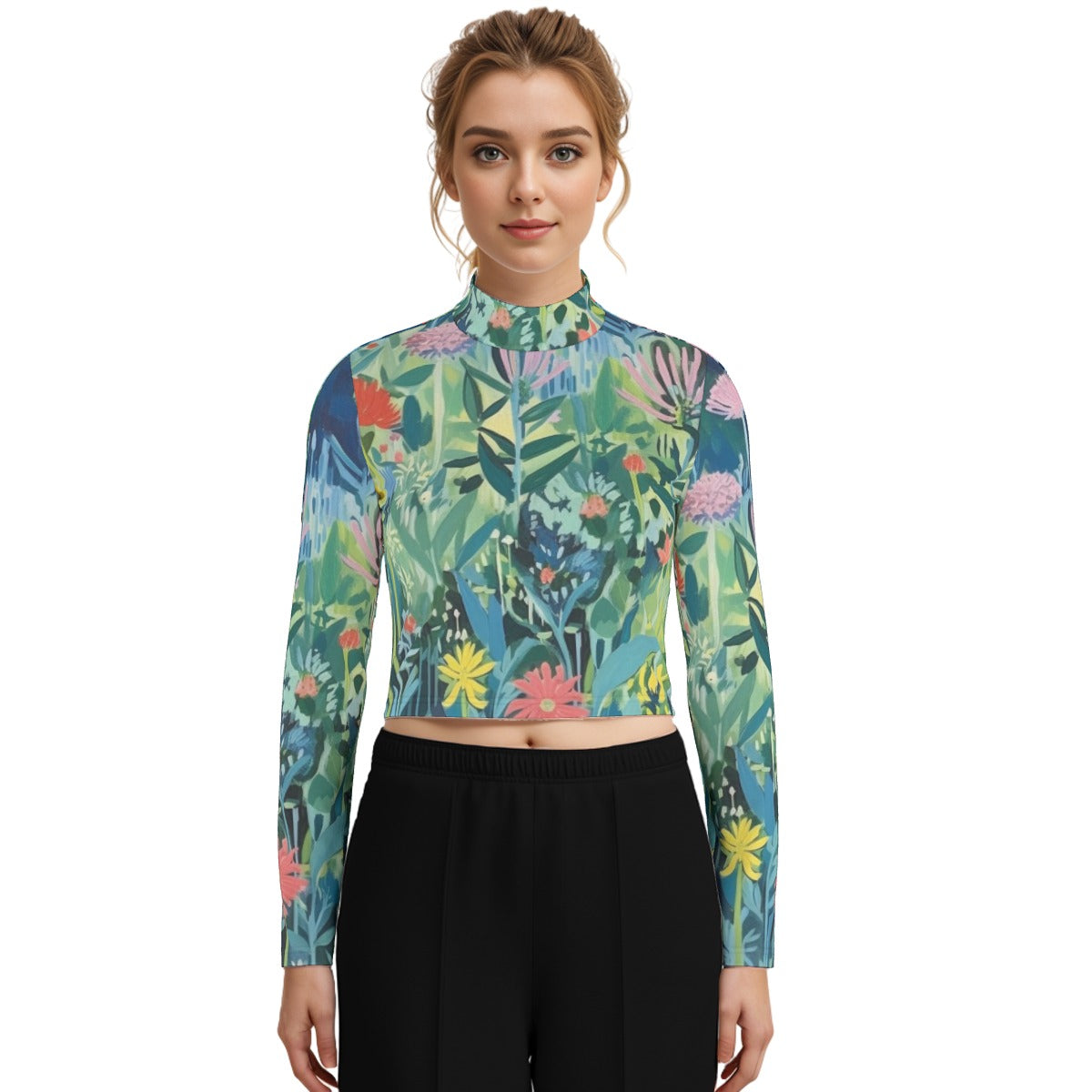 Eco-Friendly All-Over Print Women's Turtleneck T-shirt With Long Sleeve