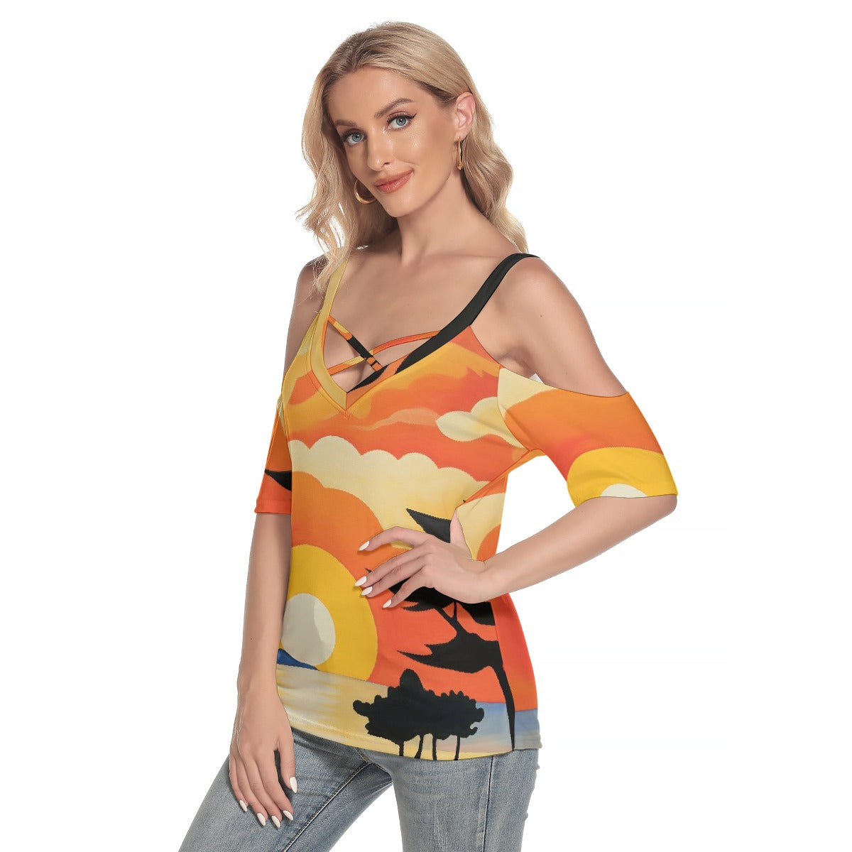 All-Over Print Women's Cold Shoulder T-shirt With Criss Cross Strips