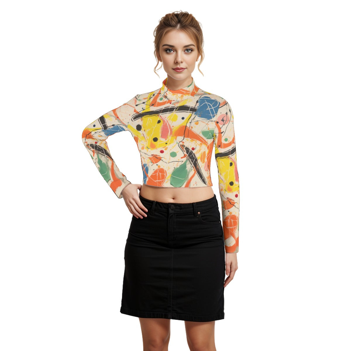 Eco-Friendly All-Over Print Women's Turtleneck T-shirt With Long Sleeve