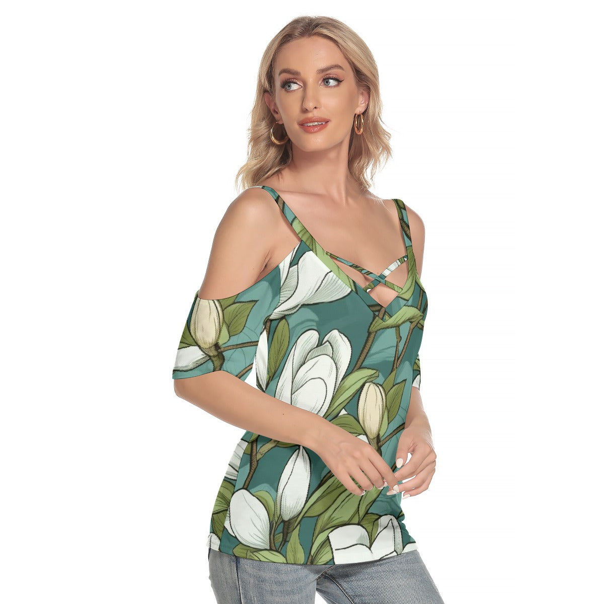 All-Over Print Women's Cold Shoulder T-shirt With Criss Cross Strips