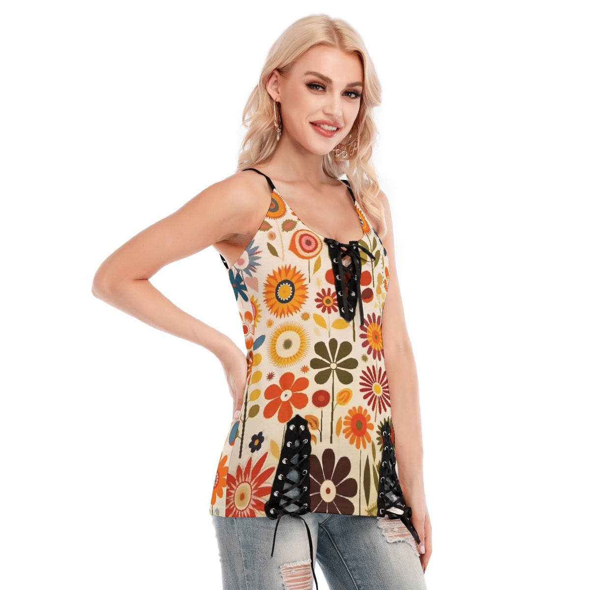 All-Over Print Women's V-neck Eyelet Lace-up Cami Dress