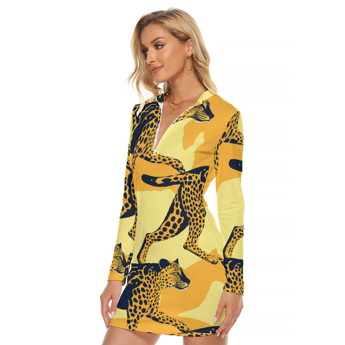 All-Over Print Women's Zip Front Tight Dress