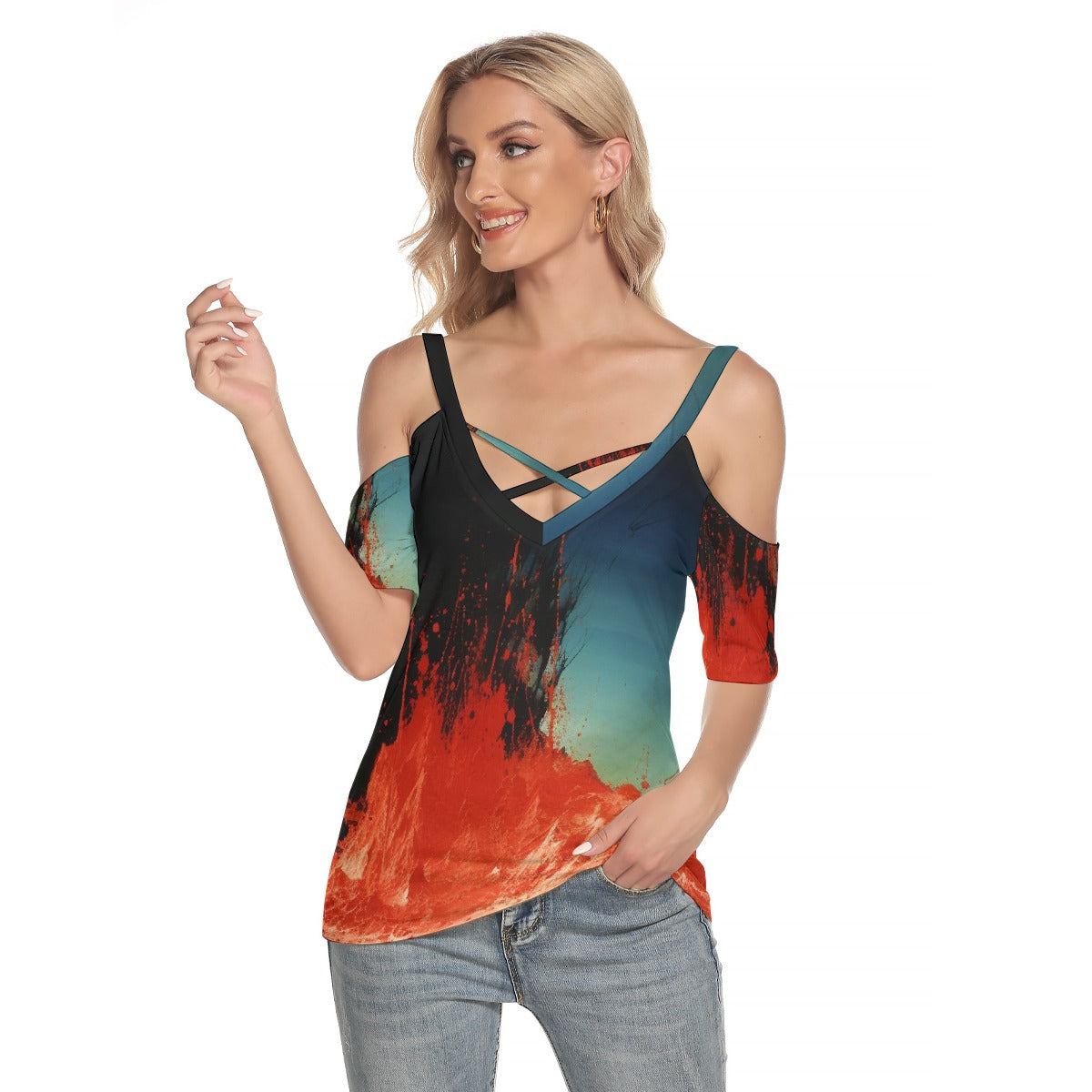 All-Over Print Women's Cold Shoulder T-shirt With Criss Cross Strips