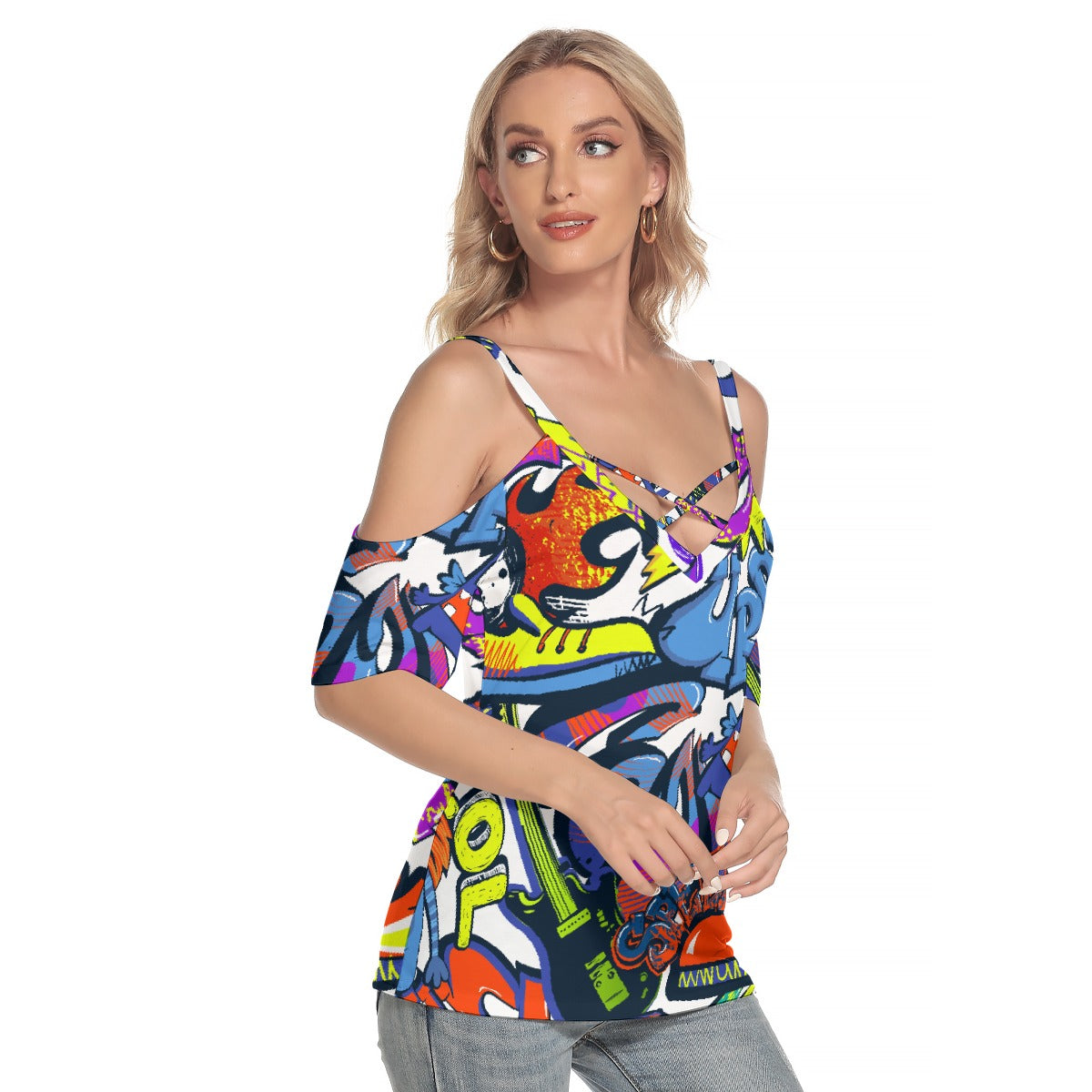 All-Over Print Women's Cold Shoulder T-shirt With Criss Cross Strips