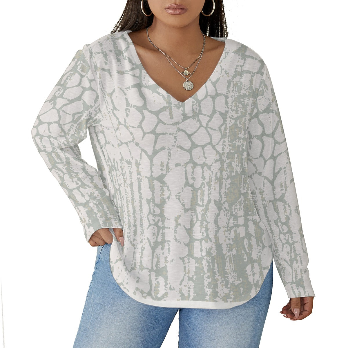 All-Over Print Women's V-neck T-shirt With Curved Hem(Plus Size)