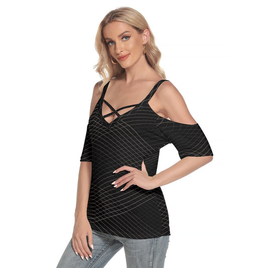 All-Over Print Women's Cold Shoulder T-shirt With Criss Cross Strips