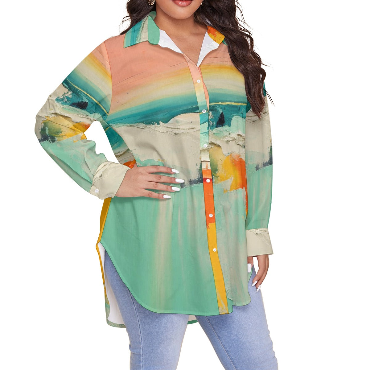 All-Over Print Women's Shirt With Long Sleeve(Plus Size)