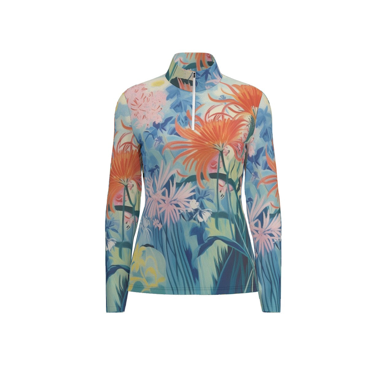 All-Over Print Women's Sports Collar Jersey With Long Sleeve