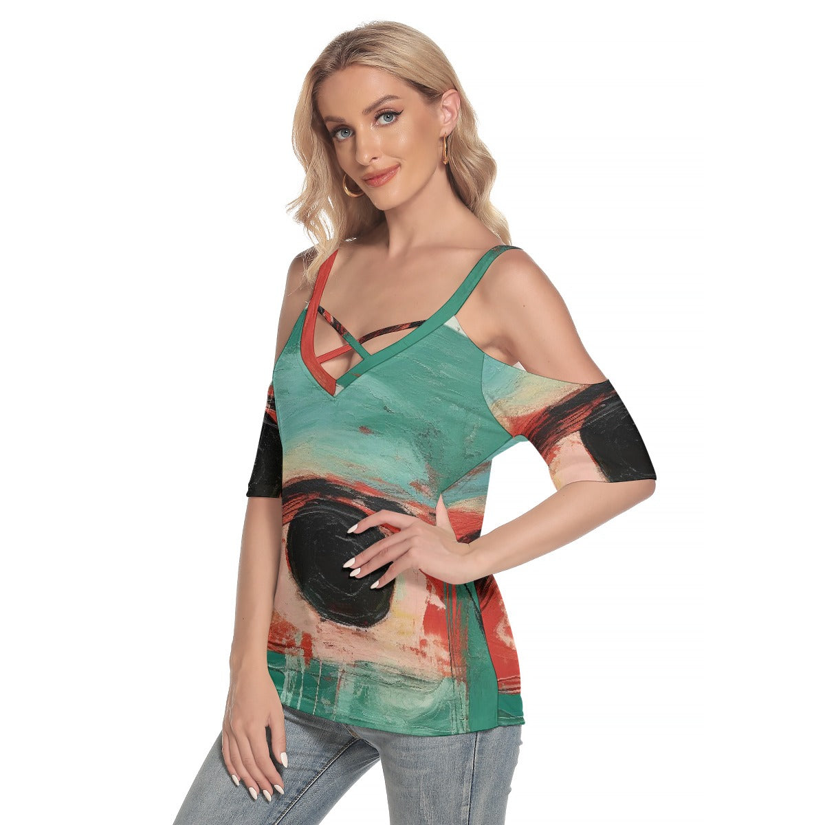 All-Over Print Women's Cold Shoulder T-shirt With Criss Cross Strips