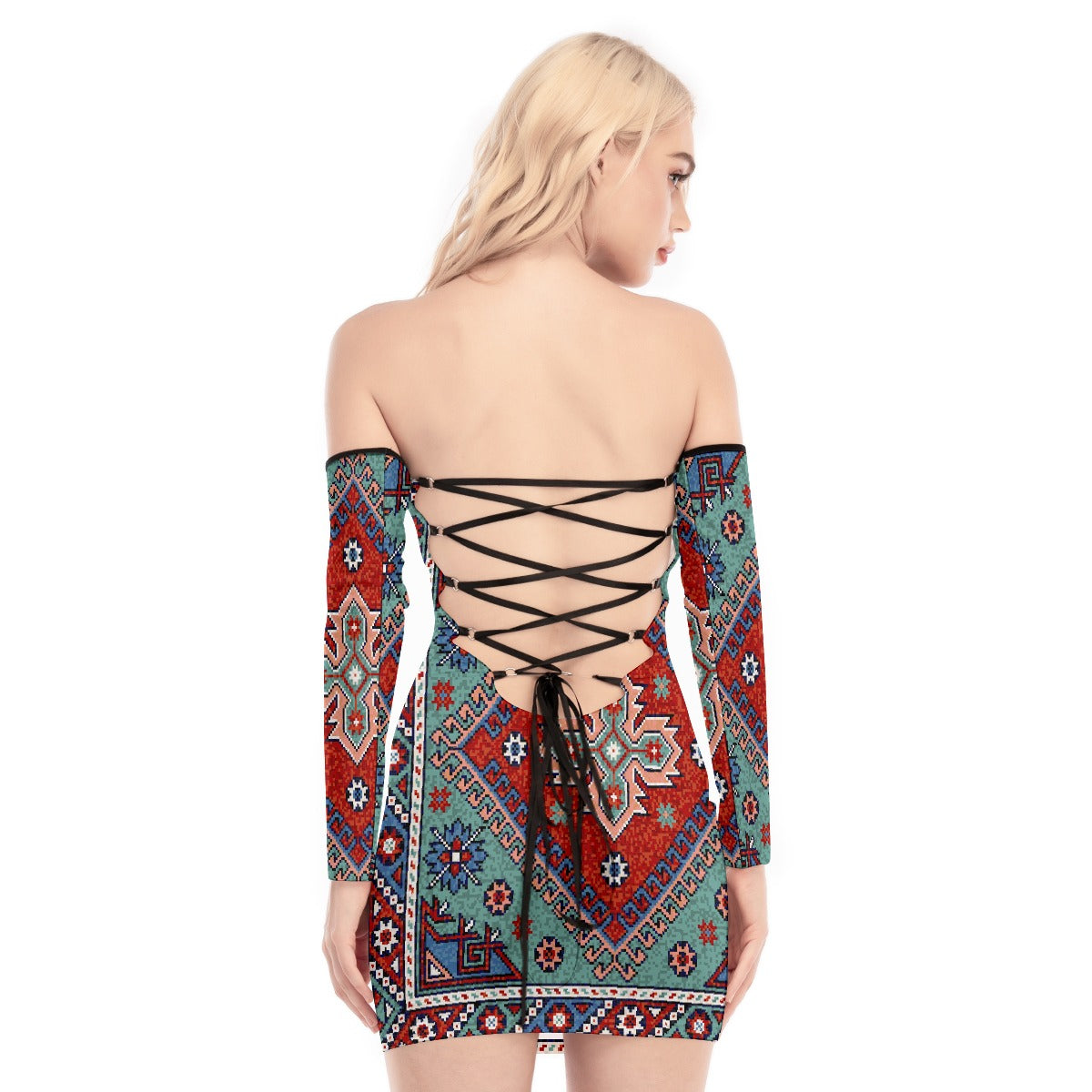 All-Over Print Women's Off-shoulder Back Lace-up Dress