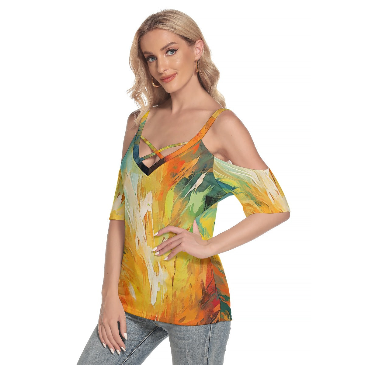 All-Over Print Women's Cold Shoulder T-shirt With Criss Cross Strips