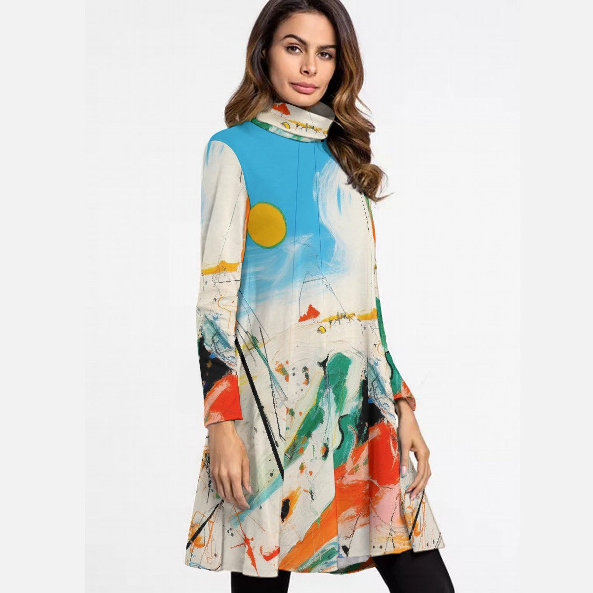 All-Over Print Women's High Neck Dress With Long Sleeve