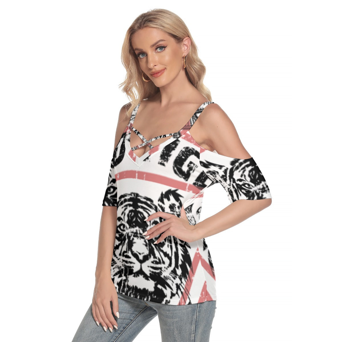 All-Over Print Women's Cold Shoulder T-shirt With Criss Cross Strips