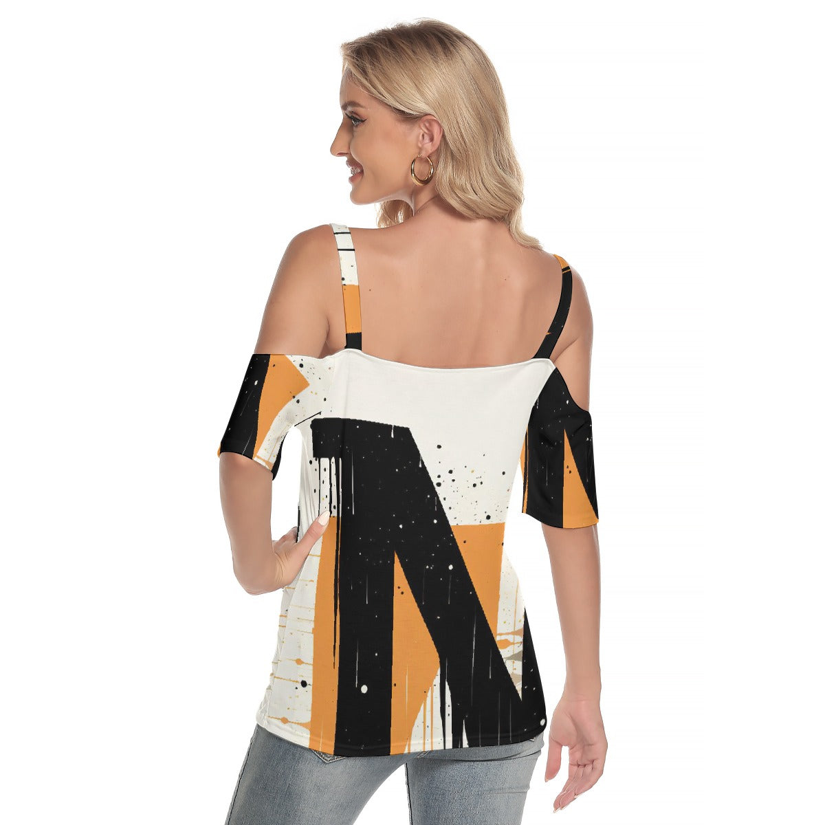 All-Over Print Women's Cold Shoulder T-shirt With Criss Cross Strips