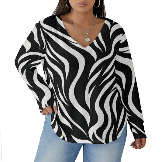 All-Over Print Women's V-neck T-shirt With Curved Hem(Plus Size)