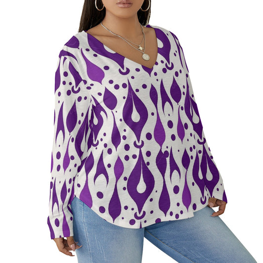 All-Over Print Women's V-neck T-shirt With Curved Hem(Plus Size)